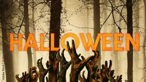 Halloween creepy woods with gory hands reaching up from the ground at ...