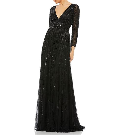 Mac Duggal Long Sleeve V Neck Sequin A Line Gown Dillards