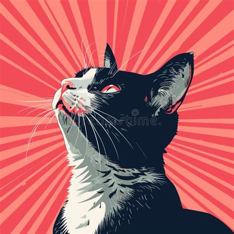 Black White Cat Licking Paw, Artistic Vector Illustration Red Radial ...