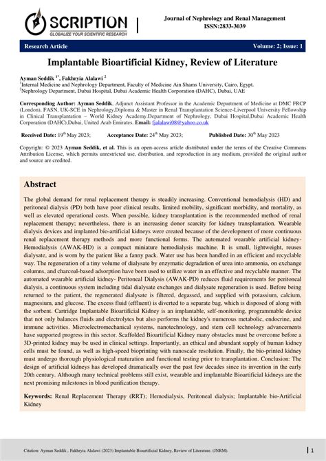 (PDF) Journal of Nephrology and Renal Management Implantable Bioartificial Kidney, Review of ...