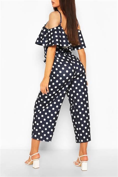 Polka Dot Cold Shoulder Wide Leg Belted Jumpsuit Sexy Lace Jumpsuits