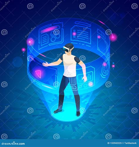 Isometric Man In Vr Future World Virtual Goggles Headset Gadgets Game