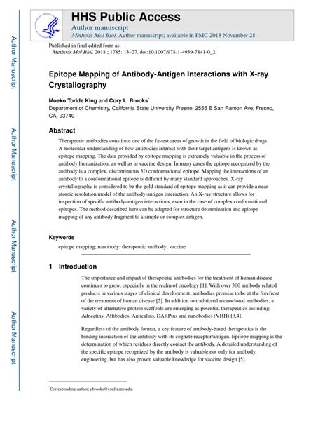 (PDF) Epitope Mapping of Antibody-Antigen Interactions with X-Ray Crystallography