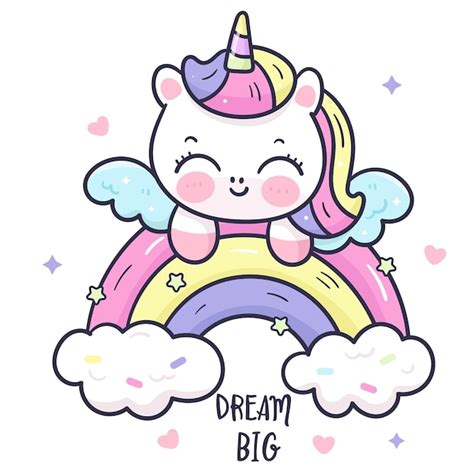 Lindo Unicornio Arco Iris Pegaso Kawaii Dibujos Animados Vector Premium