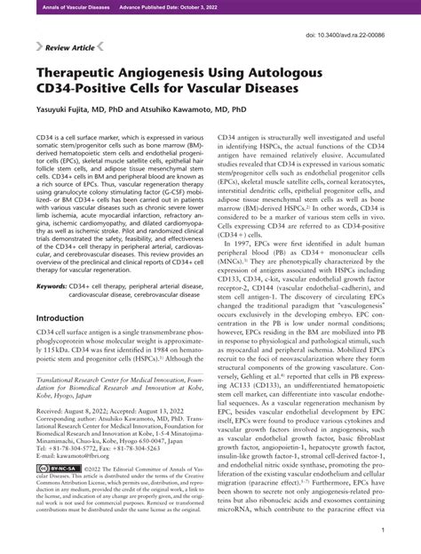 (PDF) Therapeutic Angiogenesis Using Autologous CD34-Positive Cells for Vascular Diseases