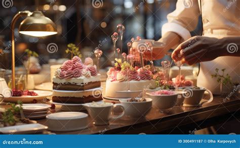 Masterful Pastry Chef At Work Creating Intricate Delicious Desserts In Bakery Kitchen Chef