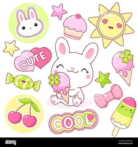 Set of cute yummy stickers in kawaii style. Lovely white bunny with ice ...