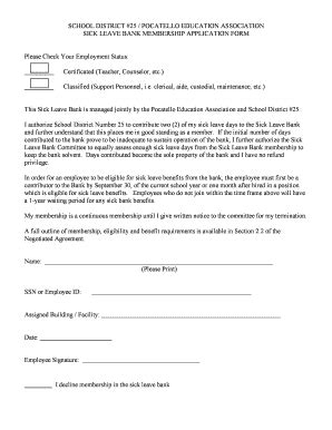 Fillable Online Sick Leave Bank Membership Application Form Pocatello