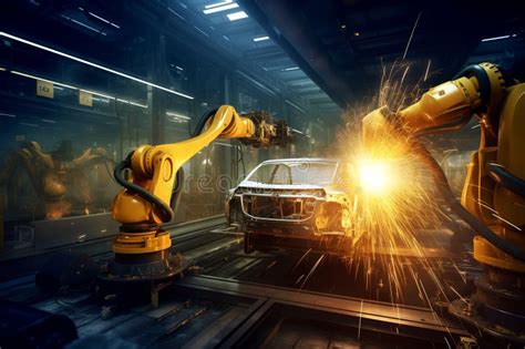 Automated Robotic Arms Line Welding Assembly Car Working At Futuristic