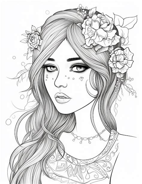 Un Dessin En Noir Et Blanc D Une Femme Avec Des Fleurs Dans Les Cheveux