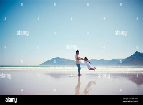 Mockup Father And Daughter Playing On The Beach Together During Summer Vacation Or Holiday By