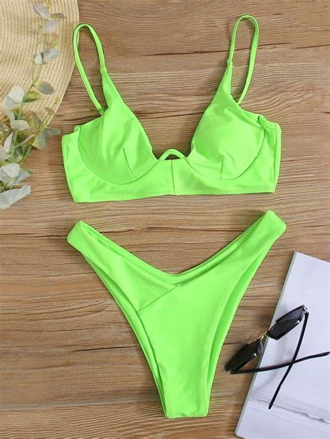 Neon Lime Underwire High Cut Bikini Swimsuit Shein Usa Cute Swimsuits