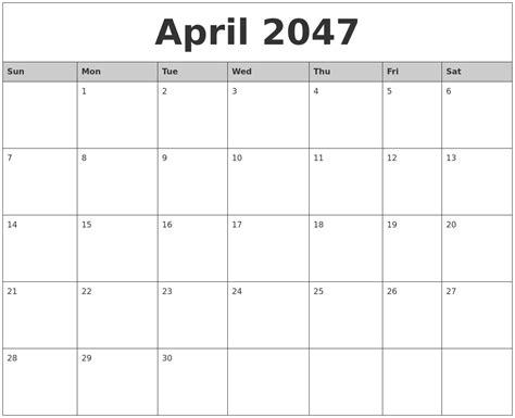 April 2047 Monthly Calendar Printable