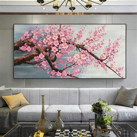 Pink Cherry Blossom Canvas Wall Art Painting, Original Textured Palette Knife Painting Blooming ...