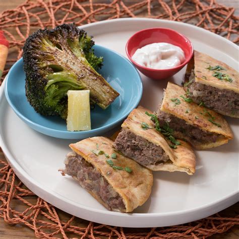 Recipe Lebanese Lamb And Beef Arayes With Roasted Broccoli And Labneh Blue Apron