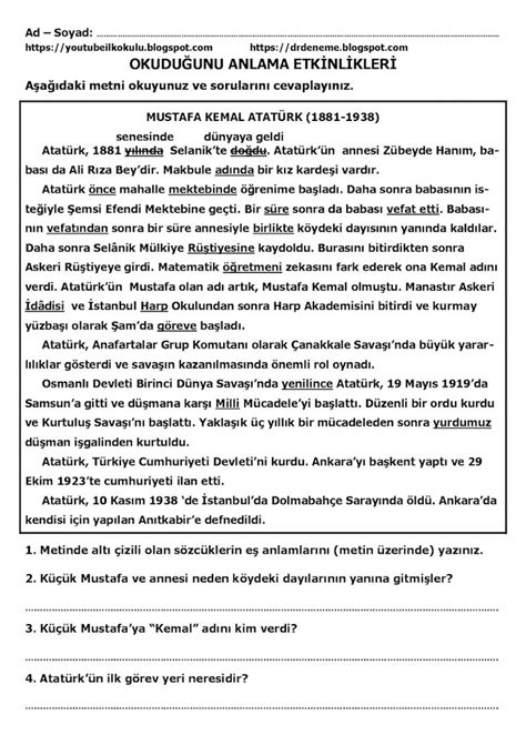 4 SINIF TÜRKÇE OKUDUĞUNU ANLAMA METİNLERİ 1 Okuduğunu anlama Yazı