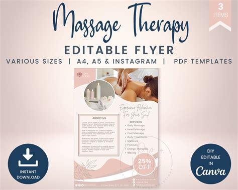 Editable Massage Therapy Flyer Pack Printable Massage Flyers A4 And A5 Digital Massage Therapy