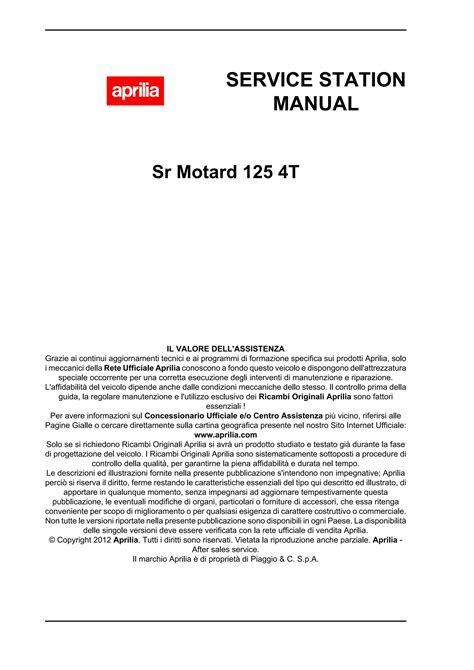 Aprilia Sr Motard 125 4t Workshop Repair Service Manual PDF