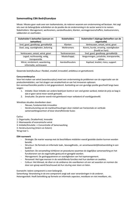 Samenvatting Bedrijfsanalyse Samenvatting Cba Bedrijfsanalyse Missie Missies Gaan Vaak Over