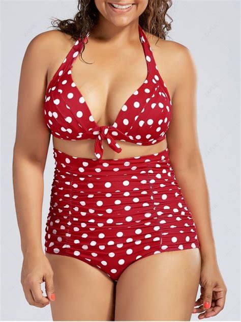 [34 Off] 2021 Plus Size Polka Dot Halter Pin Up Bikini Swimsuit In Red