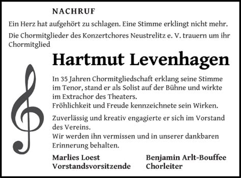 Traueranzeigen Von Hartmut Levenhagen Trauer Nordkurier