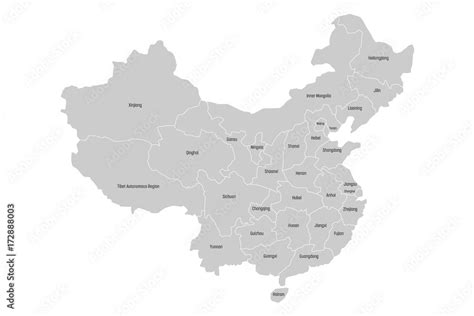 Regional map of administrative provinces of China. Grey map with black ...