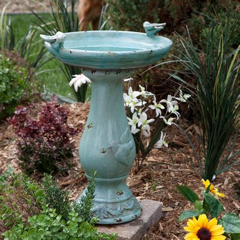 Bird Bath Antique Light Turquoise Ceramic Bird Bath With 2 Birds Ebay