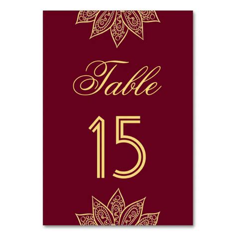 Gold Burgundy Mehendi Henna Indian Wedding Table Number Zazzle