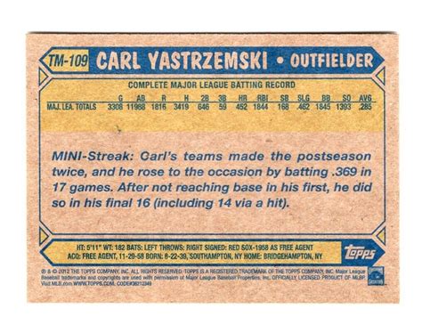 Baseball Card 2012 Carl Yastrzemski TM 109 Mini Boston Red Sox