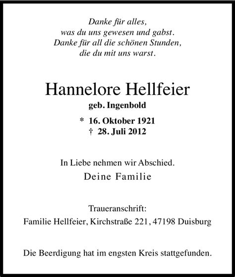 Trauer Und Todesanzeigen Von Hannelore Hellfeier Trauer De