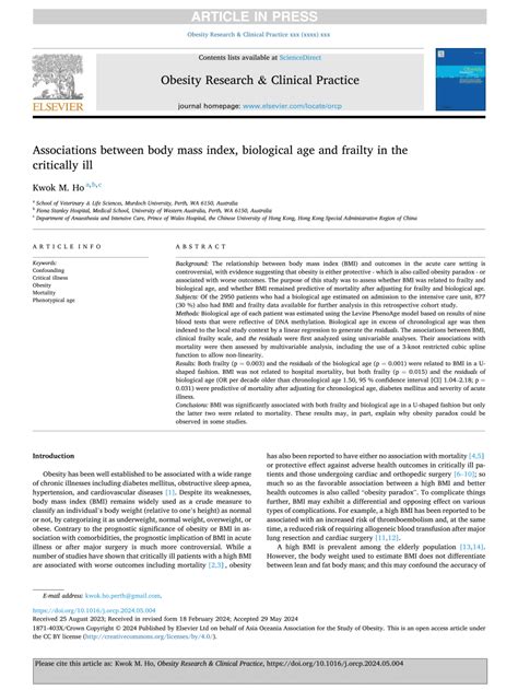 Pdf Associations Between Body Mass Index Biological Age And Frailty