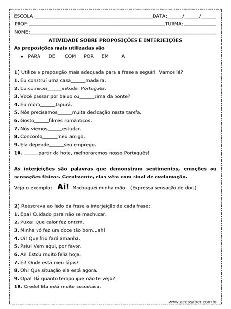 Atividade De Português Do 6º Ano - Prova de Português Atividade Sobre Preposição e Interjeição 6º Ano Do ...