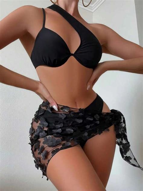 Underwire Bikini Swimsuit With Floral Appliques Beach Skirt Shein Usa