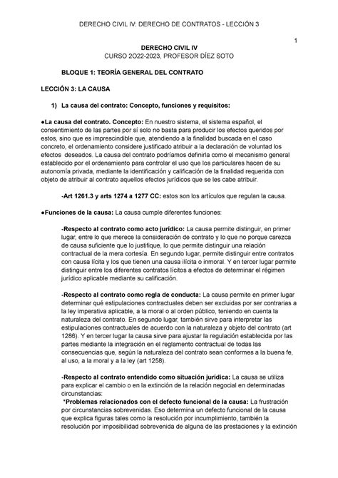 Lección 3 La Causa Apuntes Derecho Civil Iv Prof Díez Soto 1 Derecho Civil Iv Curso 2o22