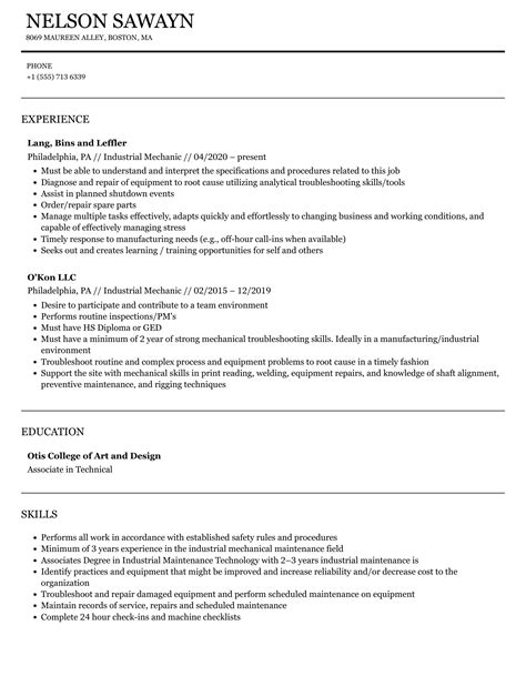 Industrial Mechanic Resume Samples | Velvet Jobs