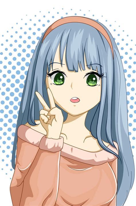 Cute And Beautiful Girl Long Blue Hair Design Character Cartoon