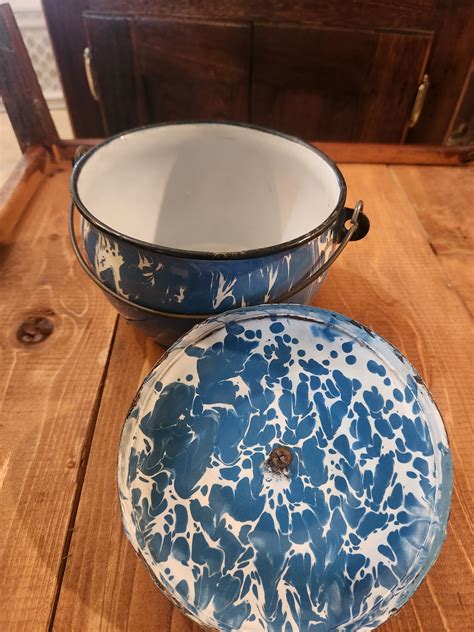 Vintage Antique Enamelware Granit Blue White Swirl Bowl With Lid Etsy