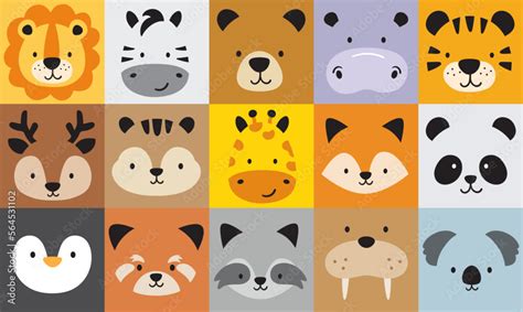 Cute Wild Jungle Animal Faces In Square Blocks Vector Illustration Set