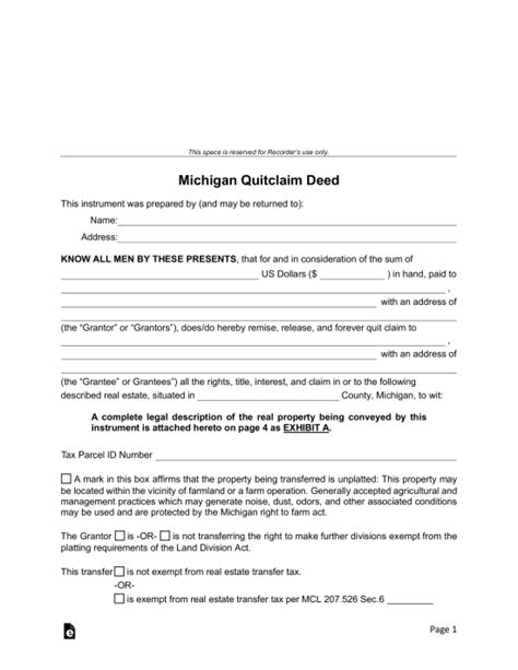 Free Michigan Quit Claim Deed Form Pdf Word Eforms