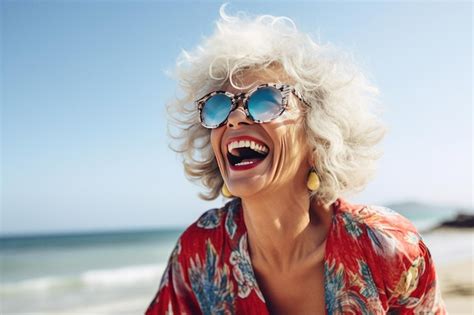 Heureuse Femme Mature Souriante Sur La Plage Photo Premium