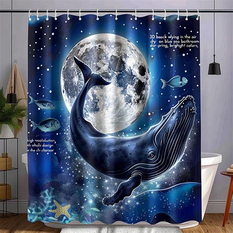 Hyper Realistic Humpback Whale Flying Shower Curtain Moon And Starry