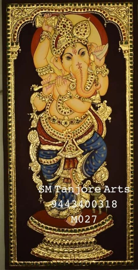 Teak Wood Frame Gold Foil Dancing Vinayagar Tanjore Painting For Pooja