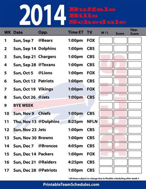 Printable Buffalo Bills Schedule 2014 Printer Friendly Buffalo