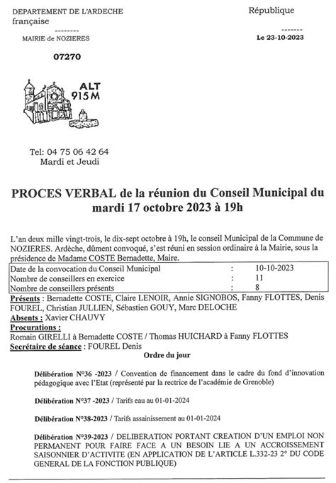 Nozières Procès verbal de la réunion du conseil municipal du 17