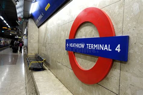 Heathrow Terminal 4 Tube Station Roundel Sign On Platform Editorial