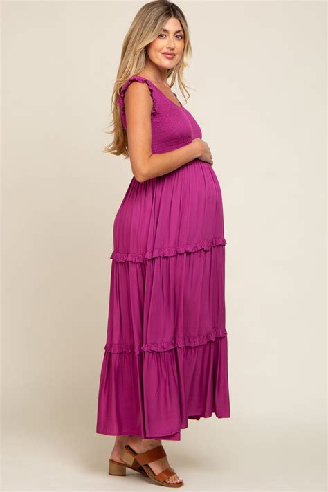 Magenta Smocked Ruffle Tier Maternity Maxi Dress Pinkblush