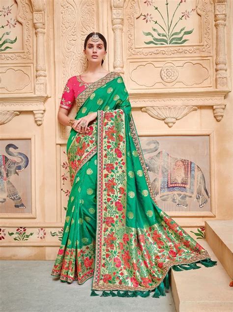 Green Pink Pure Banarasi Silk Wedding Saree 2010