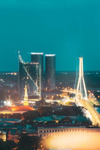 Premium Photo | Riga latvia aerial view of night cityscape in evening ...