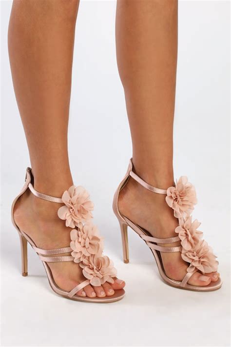 Light Nude Satin Heels T Strap Heels Floral High Heels Lulus