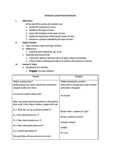 English Detailed Lesson Plan In English Pdf Noun Lesson Plan